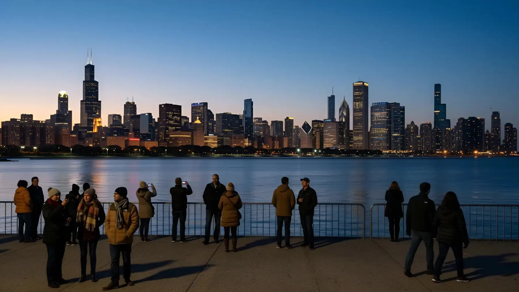 The Chicago skyline lit at blue hour across Lake Michigan