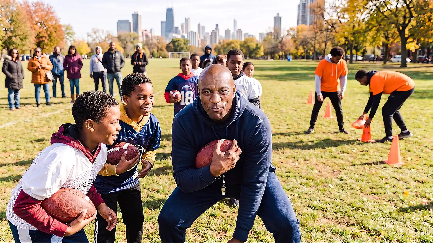 Jarrett Payton shows kids how to carry a football at a youth clinic in a Chicago park