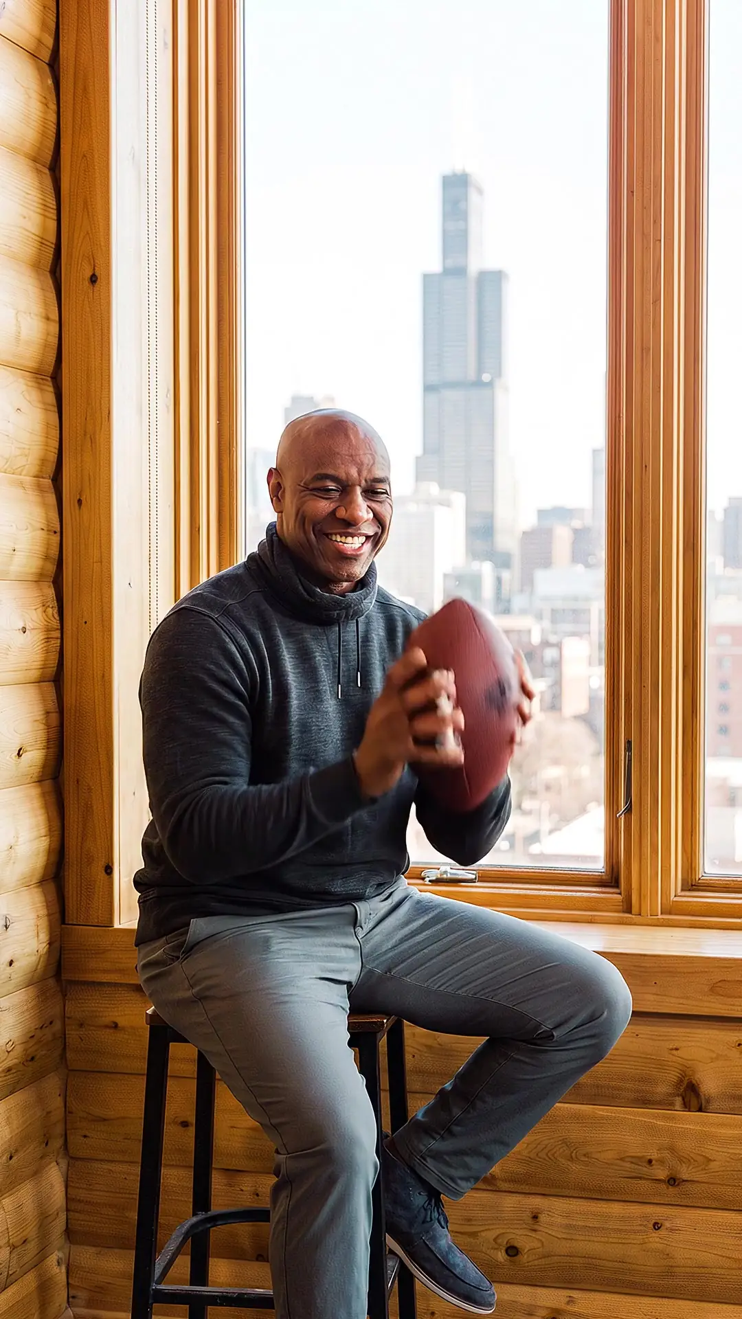 Jarrett Payton tosses a football on a stool in a Chicago loft, the skyline in the window