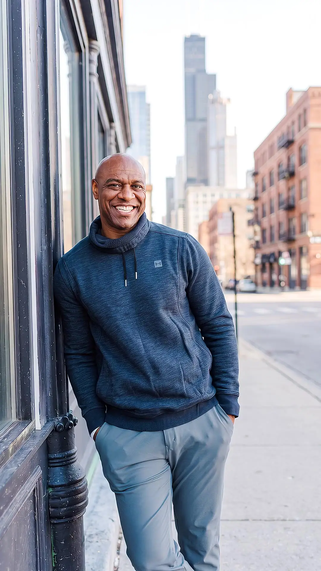 Jarrett Payton walks down a River North sidewalk in Chicago