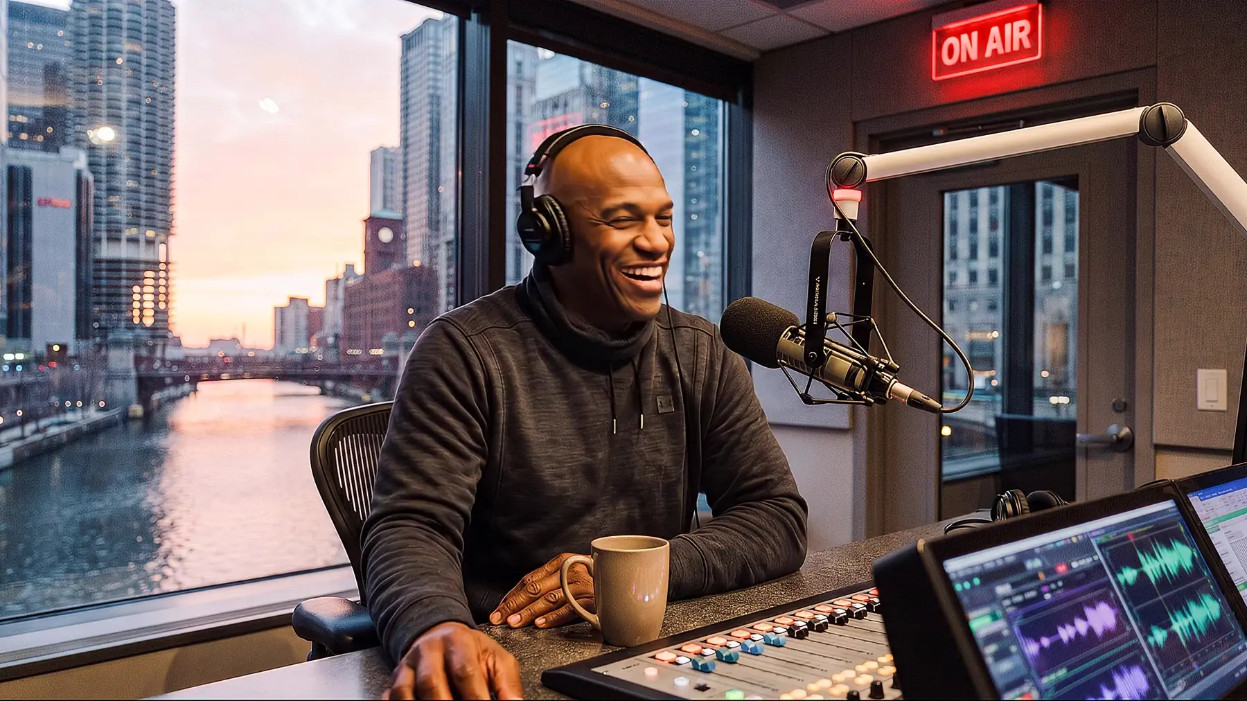 Jarrett Payton laughs into the microphone in a radio studio above the Chicago River at sunrise