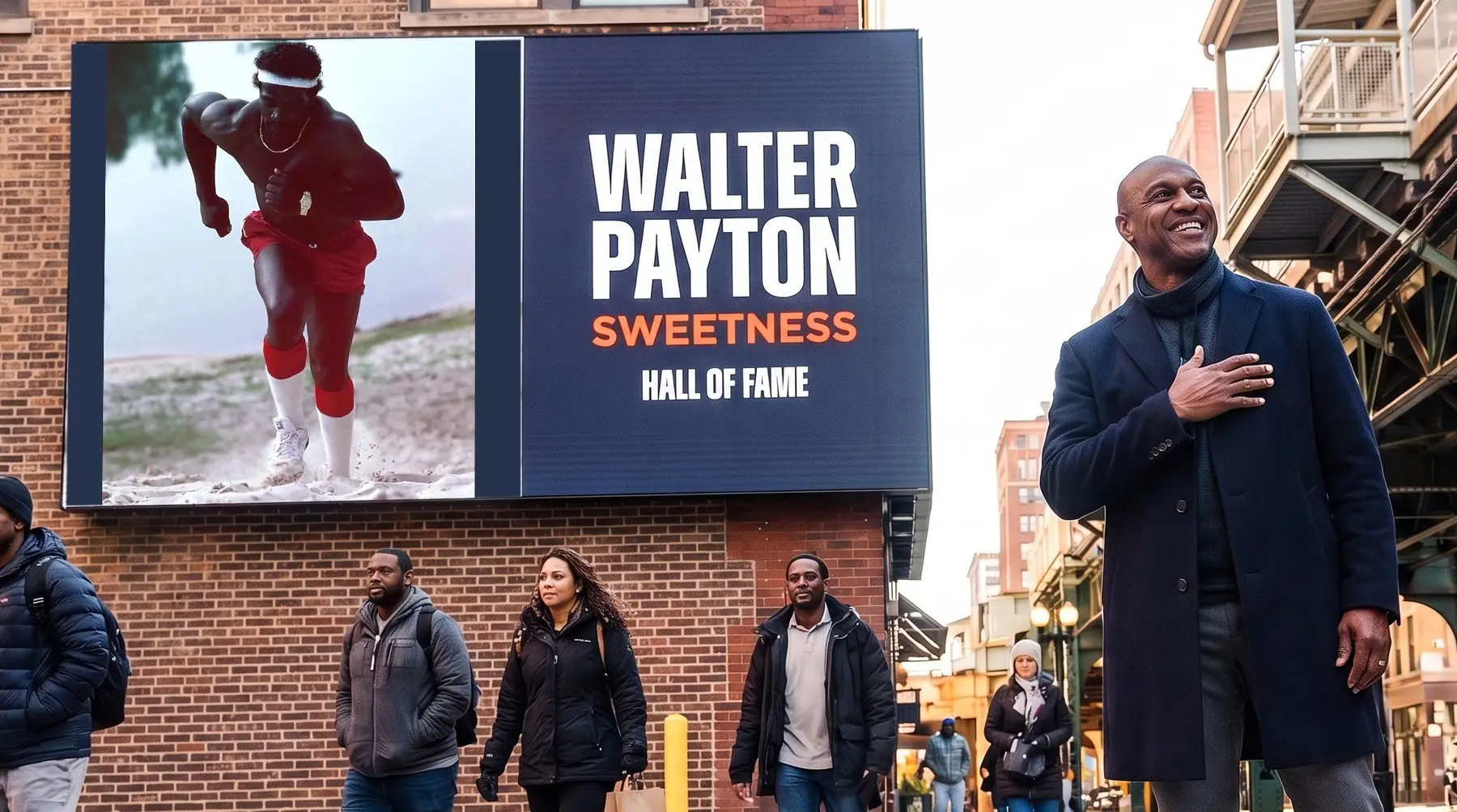 Jarrett Payton passes a Loop billboard of his father: Walter Payton, Sweetness, Hall of Fame