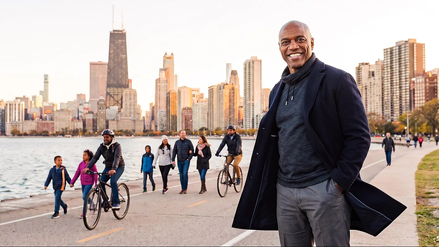 Jarrett Payton looks out at the Chicago skyline from the lakefront at golden hour